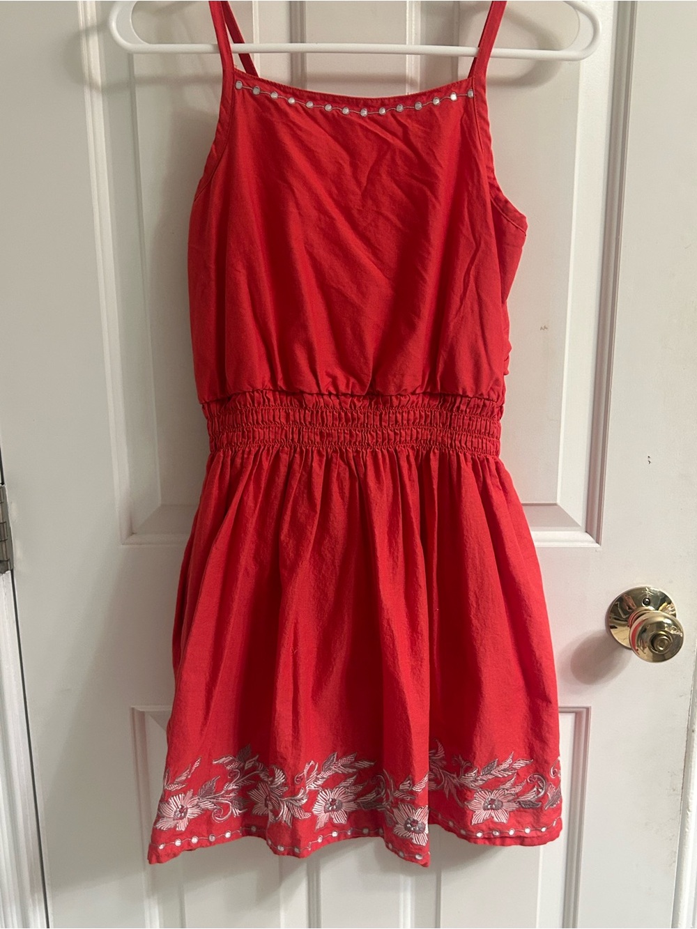 American Girl Red Sleeveless Dress with Silver Floral Hem